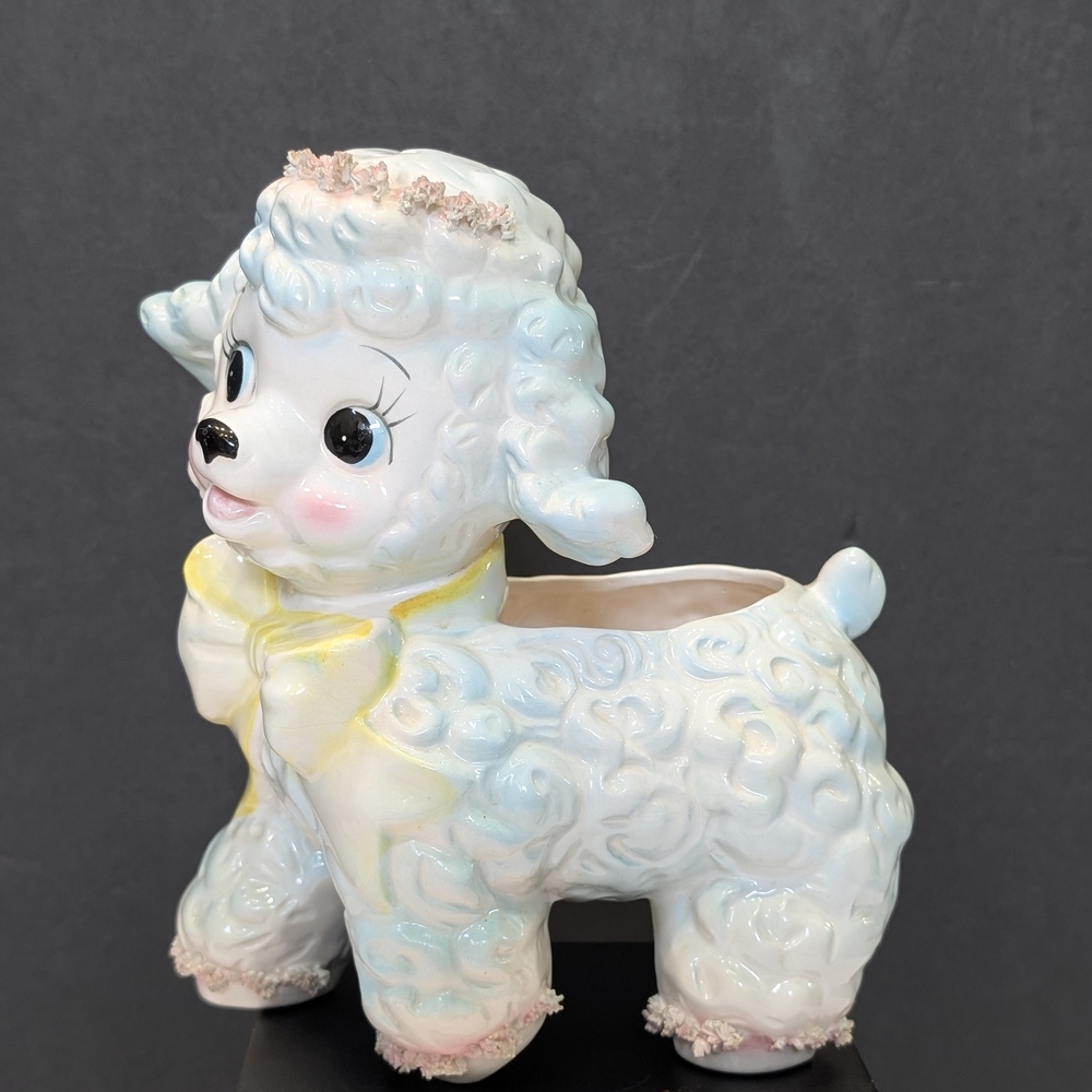 1961 Samson Imports Spaghetti Ceramic Anthropomorp Lamb Blue Pink Planter KITSCH
